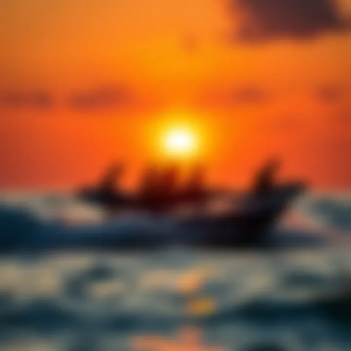 Boat Surfing at Sunset A group of surfers enjoying a boat surfing session at sunset