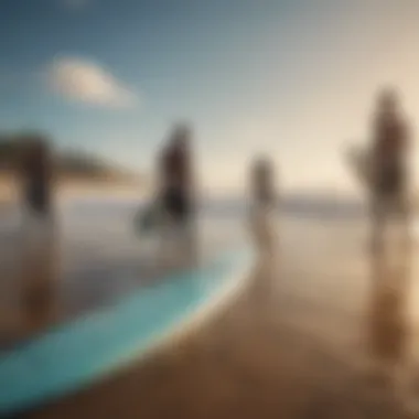 A group of surfers engaging in a lively discussion on the beach