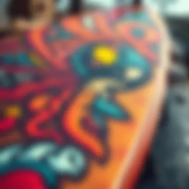 Artistry on a Surfboard Close-up of a surfboard with intricate artwork, symbolizing surf culture