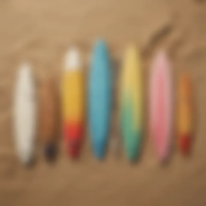 A variety of surfboards displayed on a sandy beach