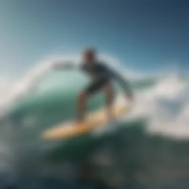 A surfer riding a wave on a retro fish surfboard, demonstrating its performance in action.