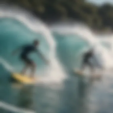 A diverse group of surfers enjoying waves on soft top fun boards.