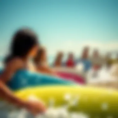 Surfers Embracing the Rhythm A vibrant beach scene featuring surfers enjoying a day with music playing in the background