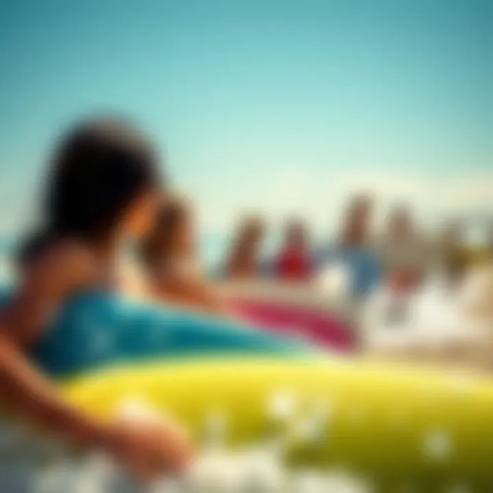 Surfers Embracing the Rhythm A vibrant beach scene featuring surfers enjoying a day with music playing in the background