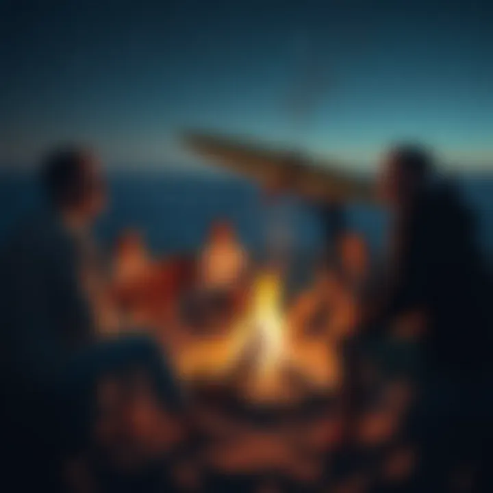 Nights of Music and Surfing Friendship A gathering of surfers around a bonfire, enjoying music and camaraderie under the stars
