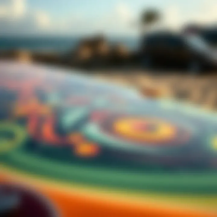 Artistry of Sound on Surfboards A close-up of a surfboard adorned with artistic designs inspired by music