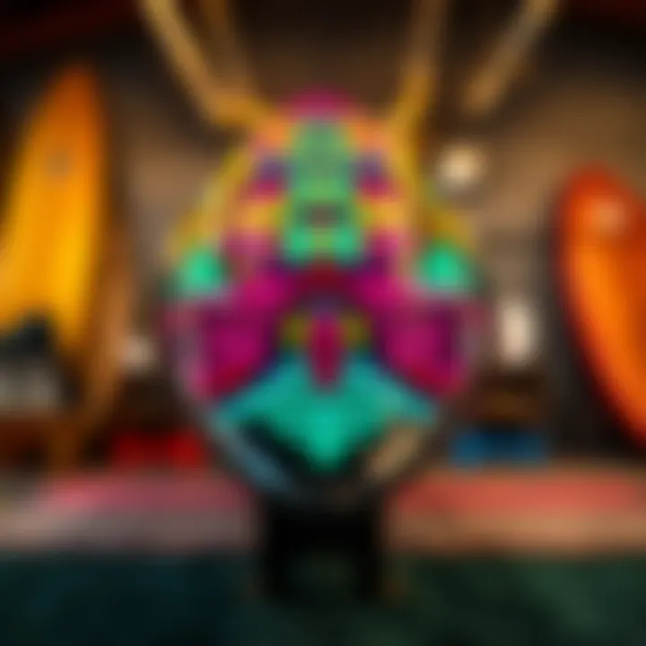 Artistry in Surfboard Design A beautifully crafted surfboard showcasing intricate design and vibrant colors.