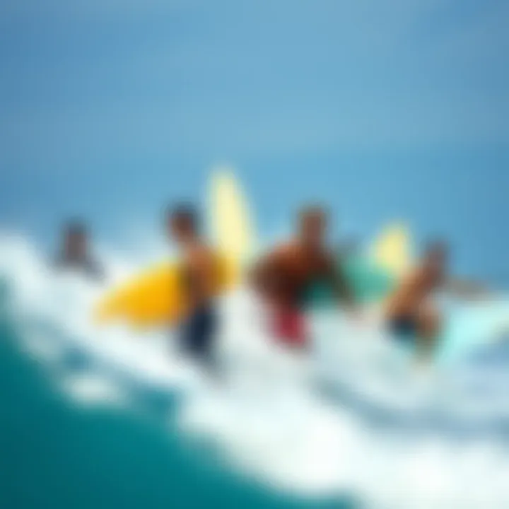 The Spirit of Surf Culture A diverse group of surfers enjoying the waves, celebrating surf culture.