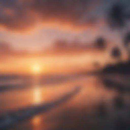 Stunning sunset over Cocoa Beach with surfers in the distance