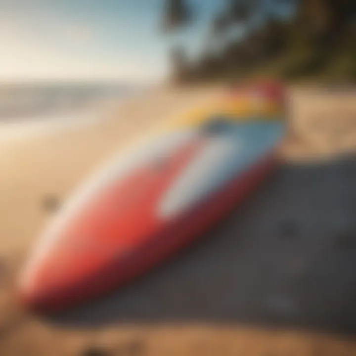 Close-up of a surfboard resting on the sandy beach