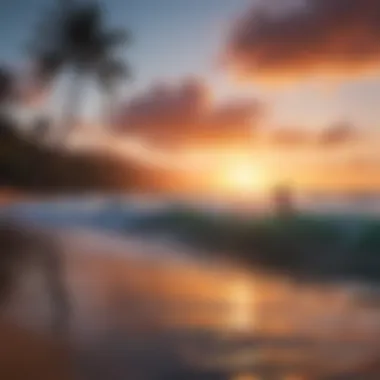 Sunset Surfing in Maui's Coastal Beauty A vibrant sunset over the ocean with surfers silhouetted against the sky.