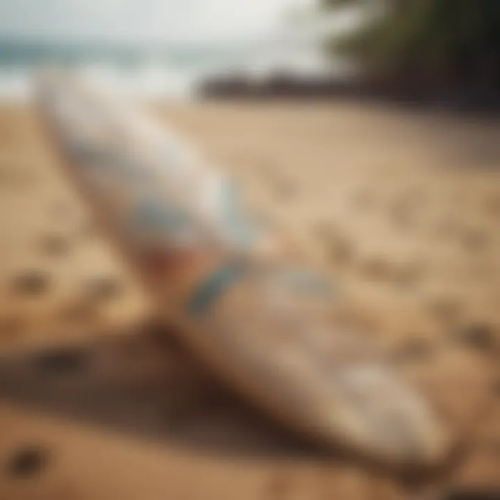 A close-up of a surfboard resting on the sandy beach, showcasing its intricate design.