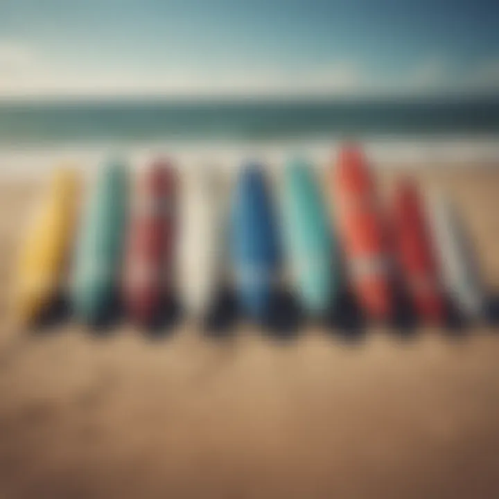 Surfboards lined up on the beach ready for use