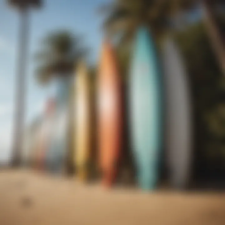 Surfboards lined up on the sandy beach ready for use