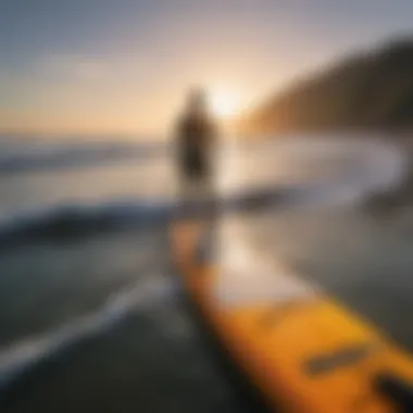 A close-up of a surfer preparing to paddle out into the ocean