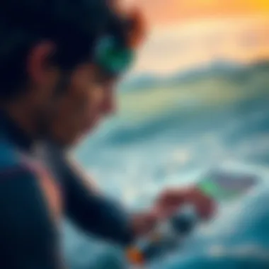 A surfer analyzing performance metrics after a session