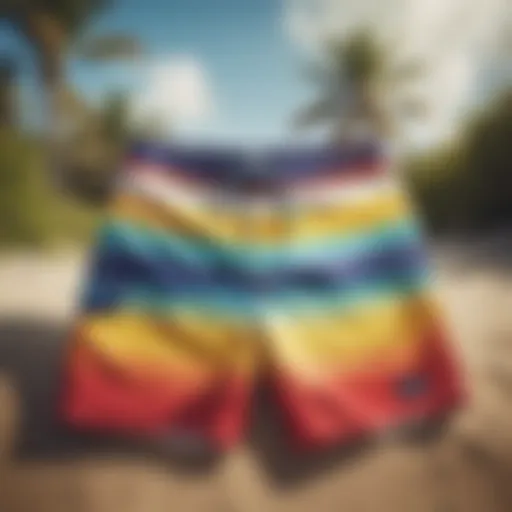Colorful board shorts displayed on a beach