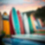 A collection of affordable surfboards showcasing different designs and colors.