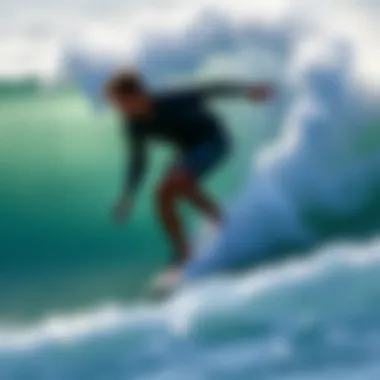 Surfer maneuvering on a wave with thruster fins