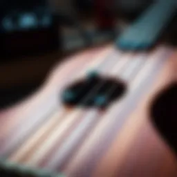 A close-up view of a ukulele showcasing its strings and tuning pegs