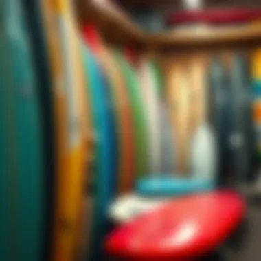 Diverse Selection of Used Surfboards A collection of colorful used surfboards arranged on a shop floor