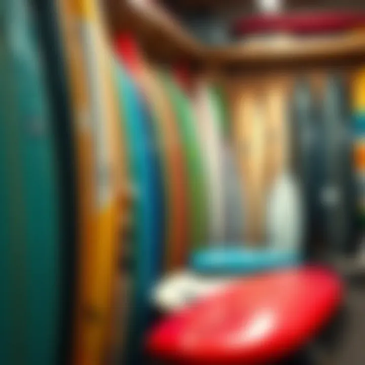 Diverse Selection of Used Surfboards A collection of colorful used surfboards arranged on a shop floor