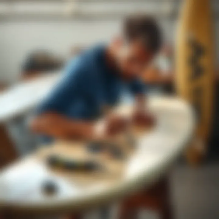 Surfboard Maintenance Essentials A surfer maintaining a surfboard with wax and tools