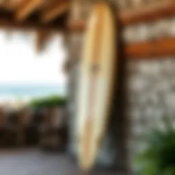 A vintage surfboard leaning against a rustic wall