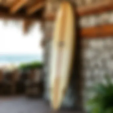 Unique Vintage Surfboard Display A vintage surfboard leaning against a rustic wall