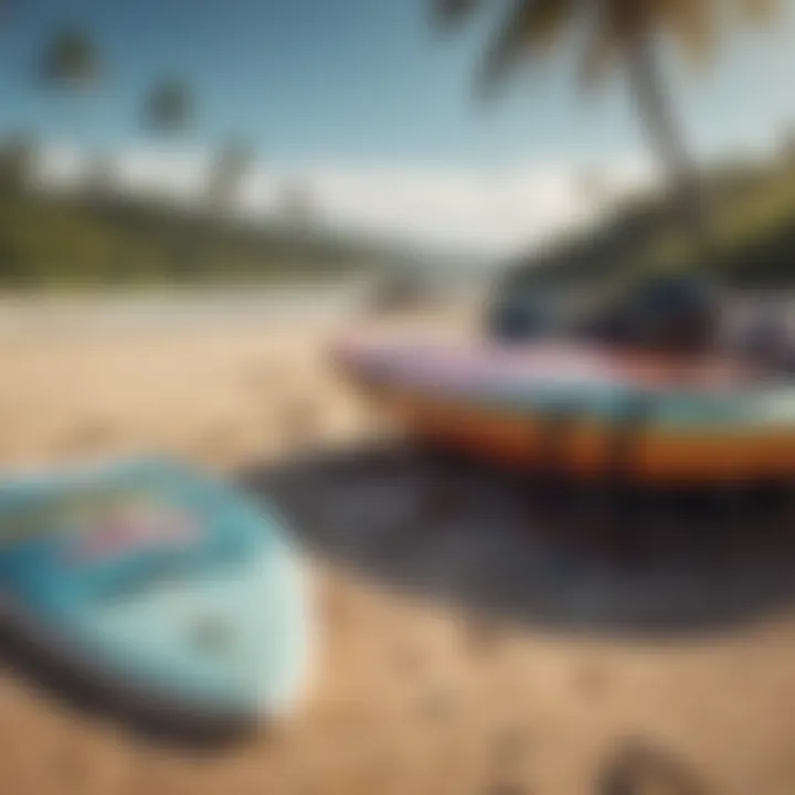 Surfboard gear laid out on the beach