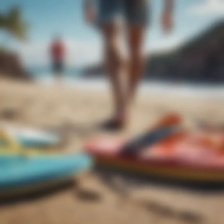 Close-up of flip flops with surfboards in the background