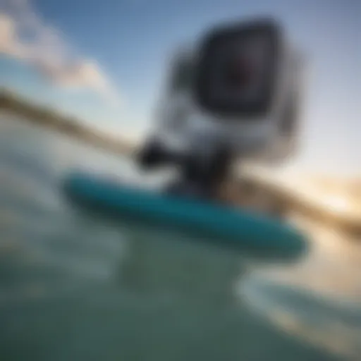 Close-up of GoPro mouth mount attached to a surfboard