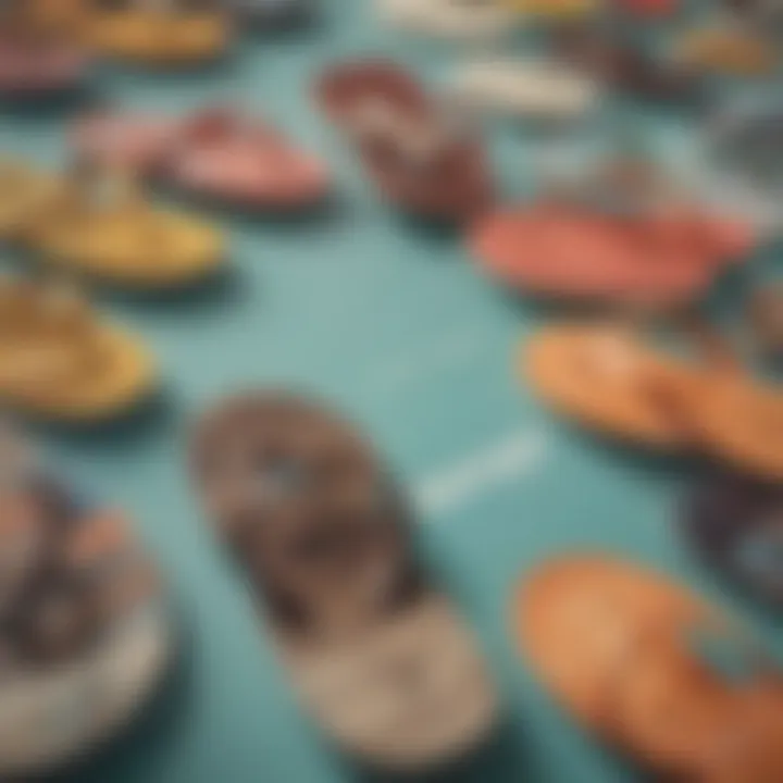 Historical evolution of surfing flip flops displayed on a table