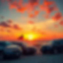 Sunset over Cocoa Beach showcasing Honda vehicles parked near the shore