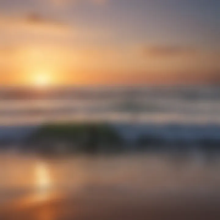 A serene beach view in Dakhla with surfers catching waves during sunset