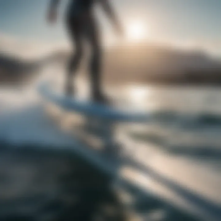 Detailed view of a hydrofoil board in action on the ocean surface