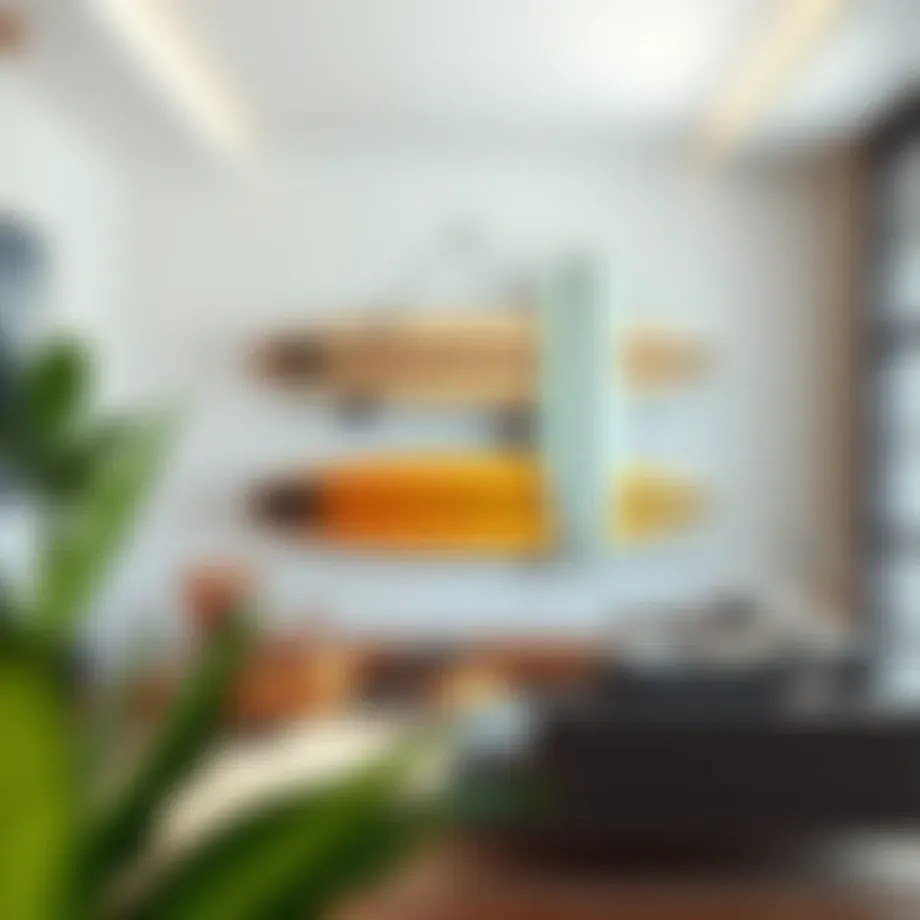 Stylish surfboard mounted on a wall in a contemporary living room