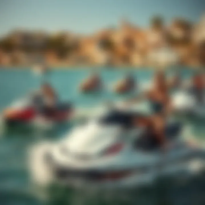 Enthusiasts riding jetski surfboards in a vibrant coastal setting