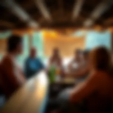 A vibrant community gathering at the camp, sharing stories and experiences