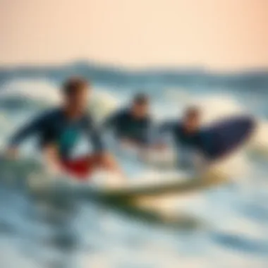 Surfers enjoying a lesson in the waves, showcasing skill and excitement