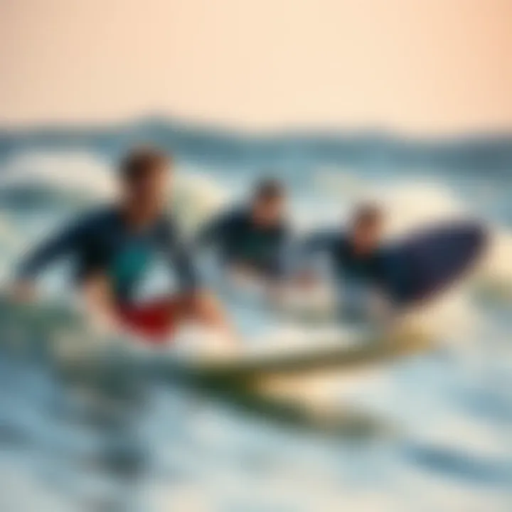 Surfers enjoying a lesson in the waves, showcasing skill and excitement