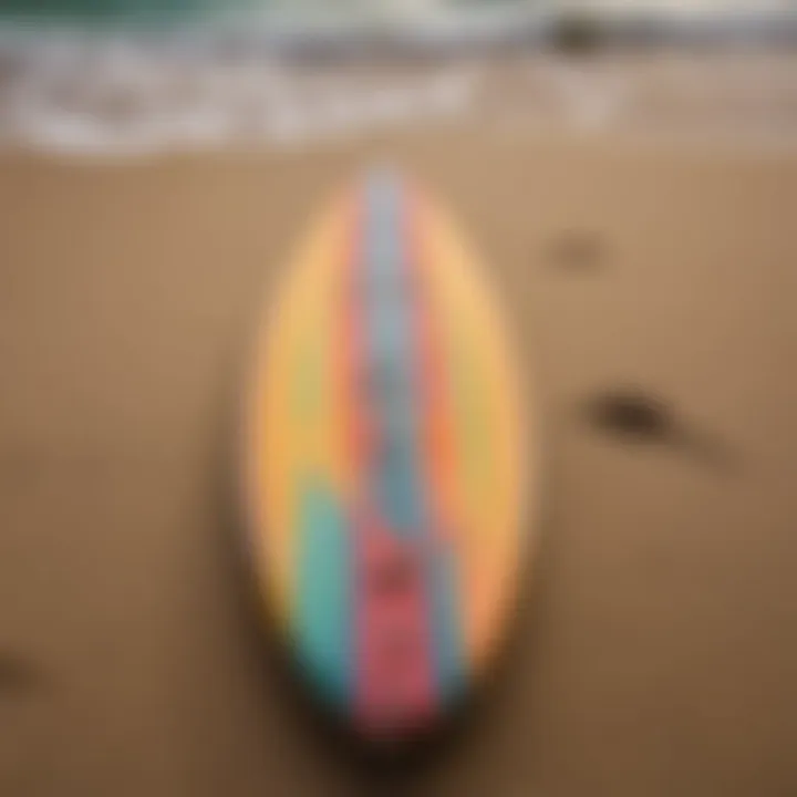 Detailed view of a surfboard with vibrant designs