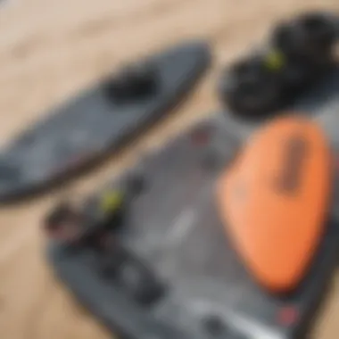 A close-up of kitesurfing equipment laid out on the beach, highlighting the gear needed for lessons.