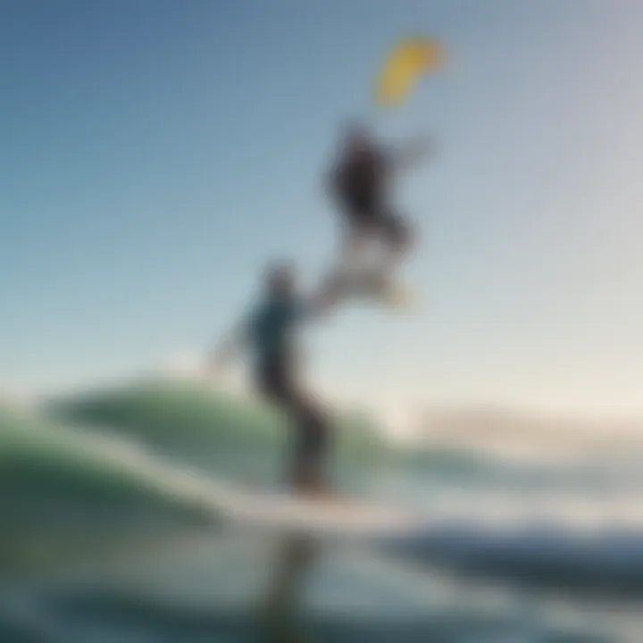 An instructor demonstrating kitesurfing techniques to a student in the calm waters of Los Angeles.