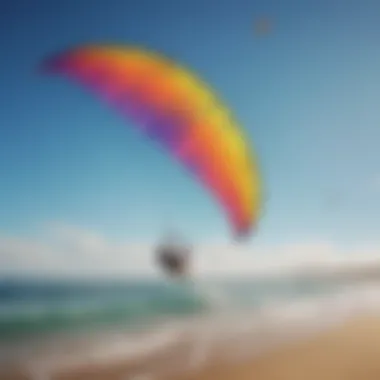 A vibrant kitesurfing scene on the beaches of Los Angeles showcasing colorful kites against a clear blue sky.