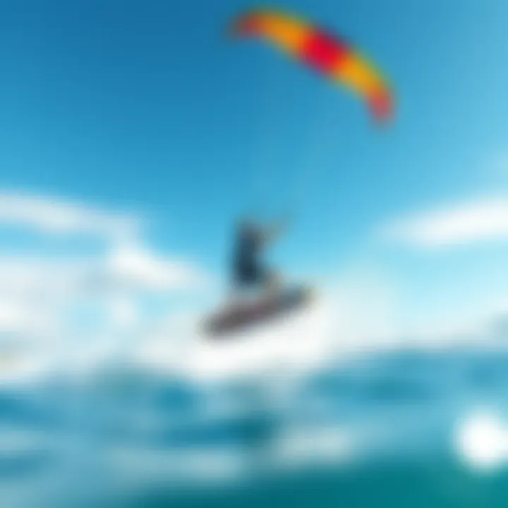 An expert kitesurfer gliding over the waves with a vibrant kite in the sky