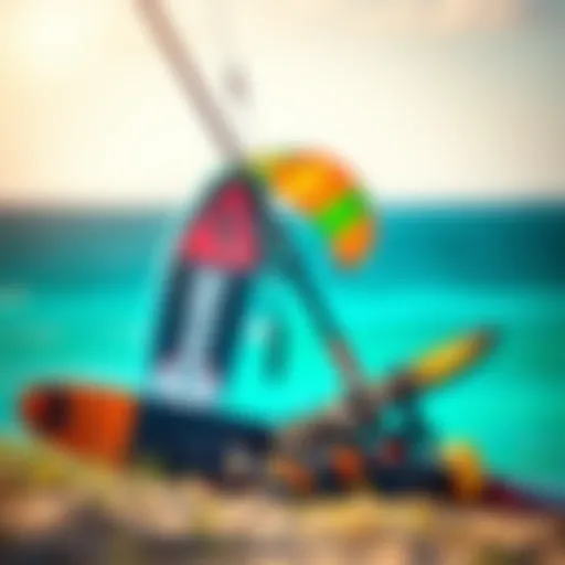 A detailed view of kitesurfing equipment showcasing a kite, board, and harness