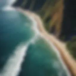 A stunning aerial view of La Réunion Island's coastline with surfers riding the waves.