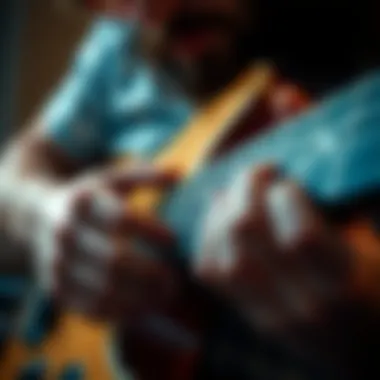 Close-up of surf guitar techniques demonstrating unique strumming patterns.