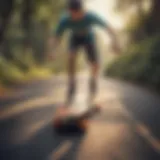 A beginner confidently riding a long skateboard down a smooth pathway